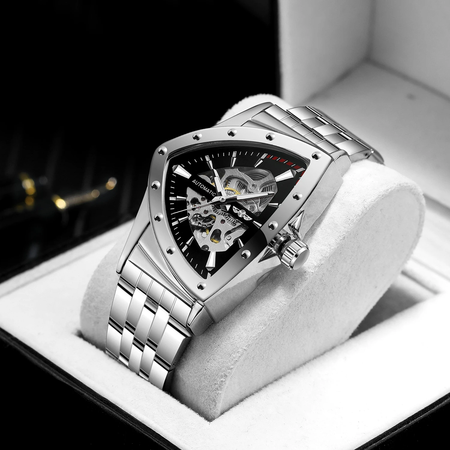 

T-WINNER спортивные треугольные повседневные мужские автоматические полые механические часы модные светящиеся указатели скелет крутые мужские наручные часы