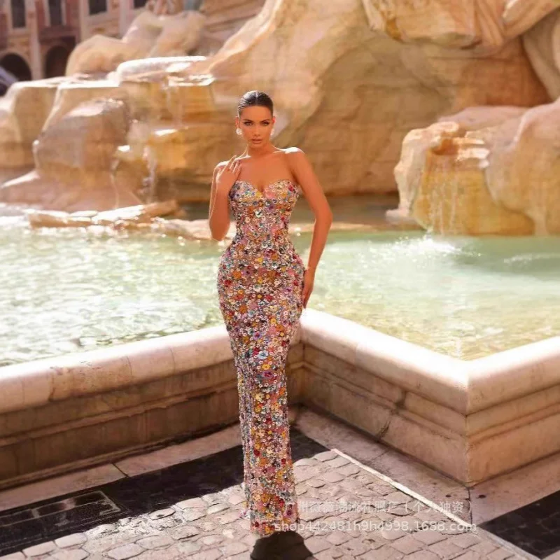 

New Arrival Women's Tube Top Sexy Backless Slim Fit Colorful Sequin Floral Long Bodycon Sexy Evening Dress