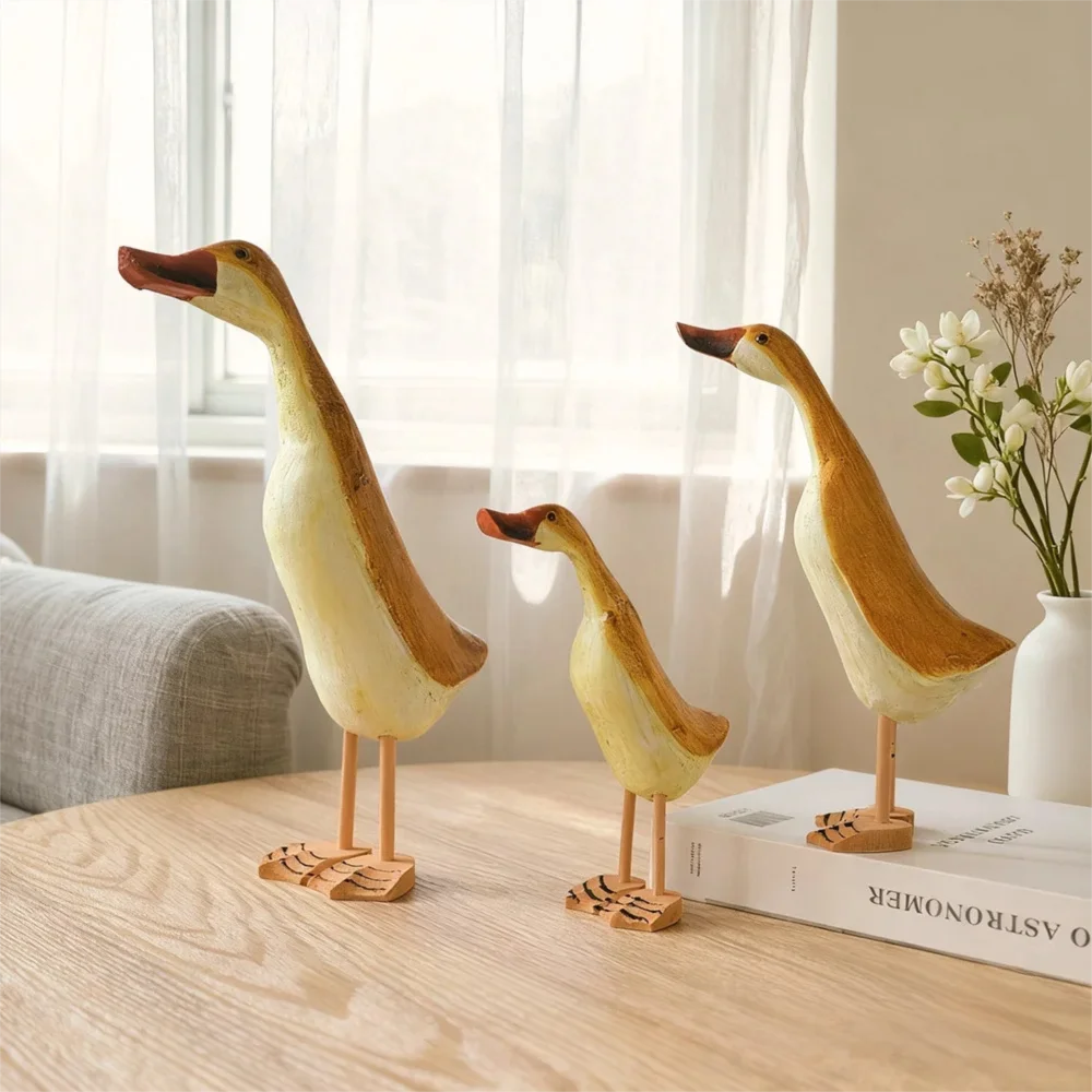 Mediterranean solid wood carved large, medium and small duck three-piece set ornament