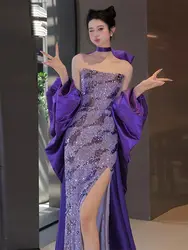 Purple Evening Gown Atmosphere Socialite Banquet Dress Bride Toast Long Dress Girl's Light Luxury Niche Host Fishtail Dress