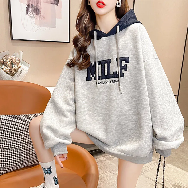 Letter Print Lamb Wool Hoodies Women Fleece Oversize Korean Style Sweatshirts Female 2023 Autumn Girls Casual Pullovers Kpop