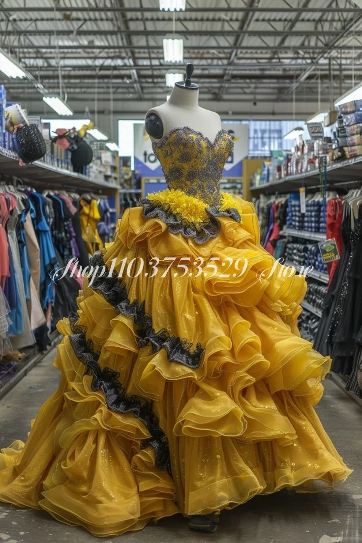 Vestido de baile de tule amarelo deluxe, Delicate Bustier Applique, Ruffles, Princesa, Máscara, Luxuoso, Form