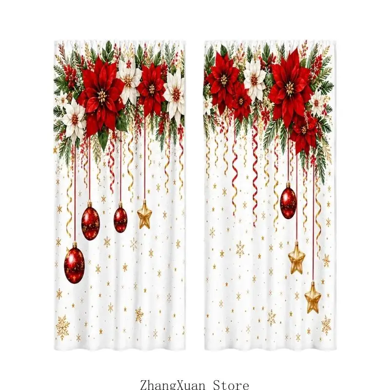Festliches Vorhang-Set mit 2 weihnachtlichen Fensterpaneelen aus Polyester mit Sichtschutz für Arbeits- und Heimbürodekorationen – Detail 5
