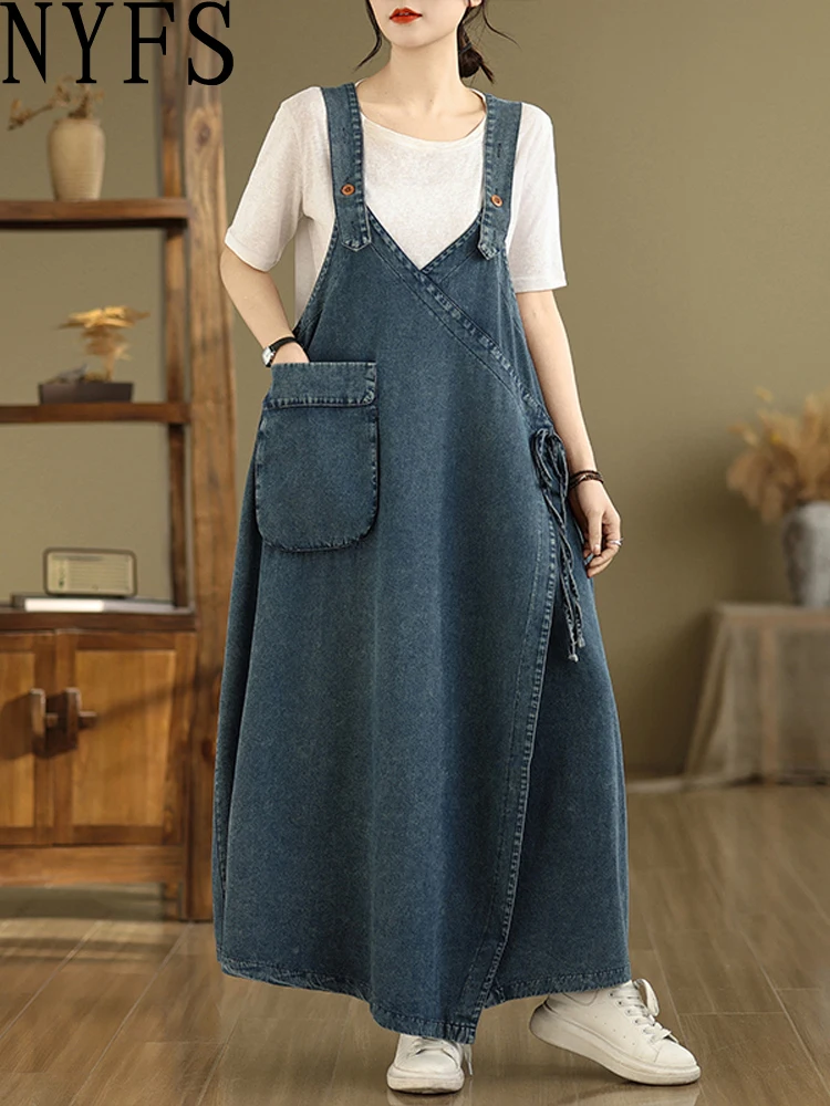 NYFS خمر حجم كبير فستان بحزام الدنيم بلون فضفاض حبال فستان طويل رداء Elbise موضة ربيع الخريف فستان المرأة #1