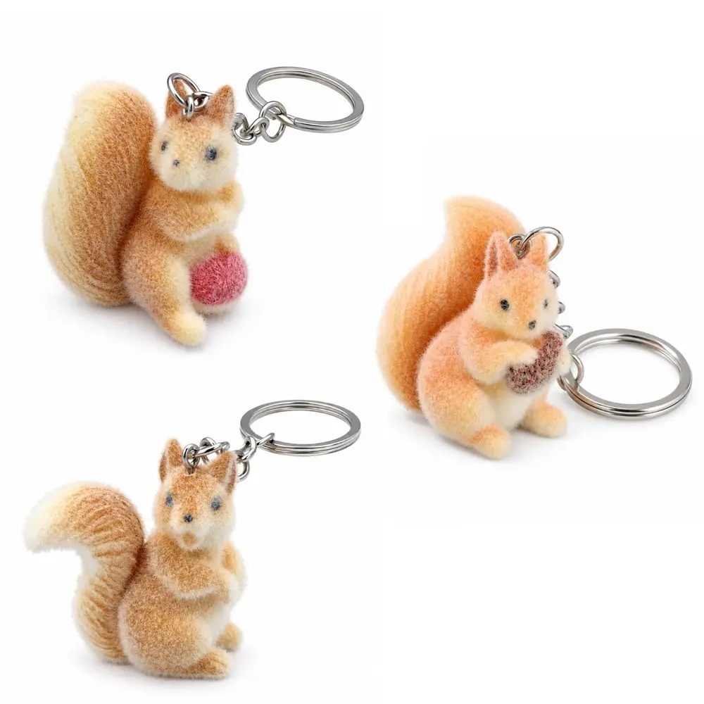 Cartoon 3D Flocking Squirrel Pendant Handmade Craft Supply Surface Resin Keychain DIY Mini Charm Pendant Bag Accessory