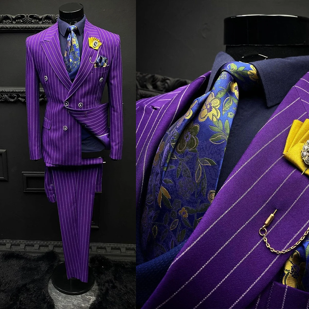 

Purple Men's Suits Tailored 2 Pieces Blazer Pants Double Breasted Peaked Lapel Pinstripes Slim Wedding Groom Tailored Plus Size