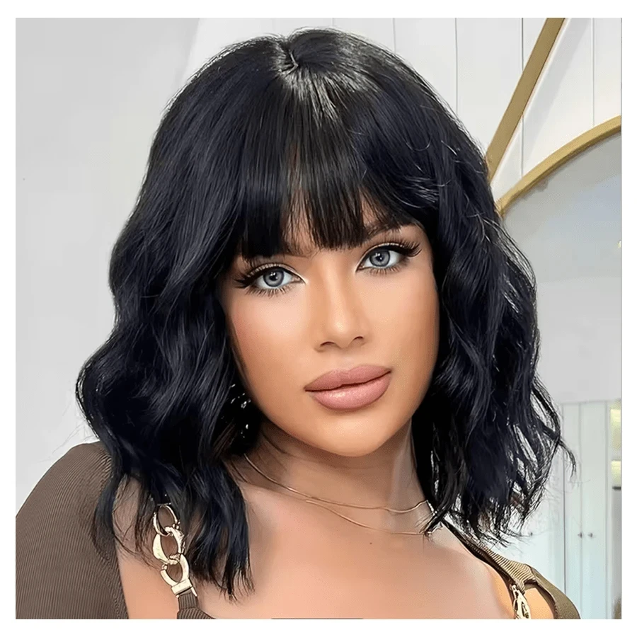 

14-дюймовые черные парики с челкой и локонами, подходят для ношения женщинами, парики из синтетического волокна для различных случаев, удобные и простые в носке, изготовлены из высококачественного термостойкого шелка плотностью 130%, превосходное качество