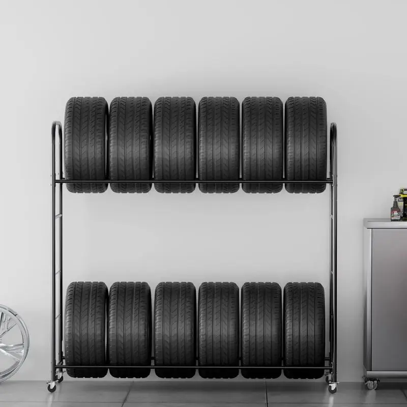 Étagère à pneus capacité 12 pièces, support de rangement pour pneus à 2 niveaux, chariot à pneus en acier robuste, charge 180 kg, hauteur réglable, avec housse de protection, pour atelier garage