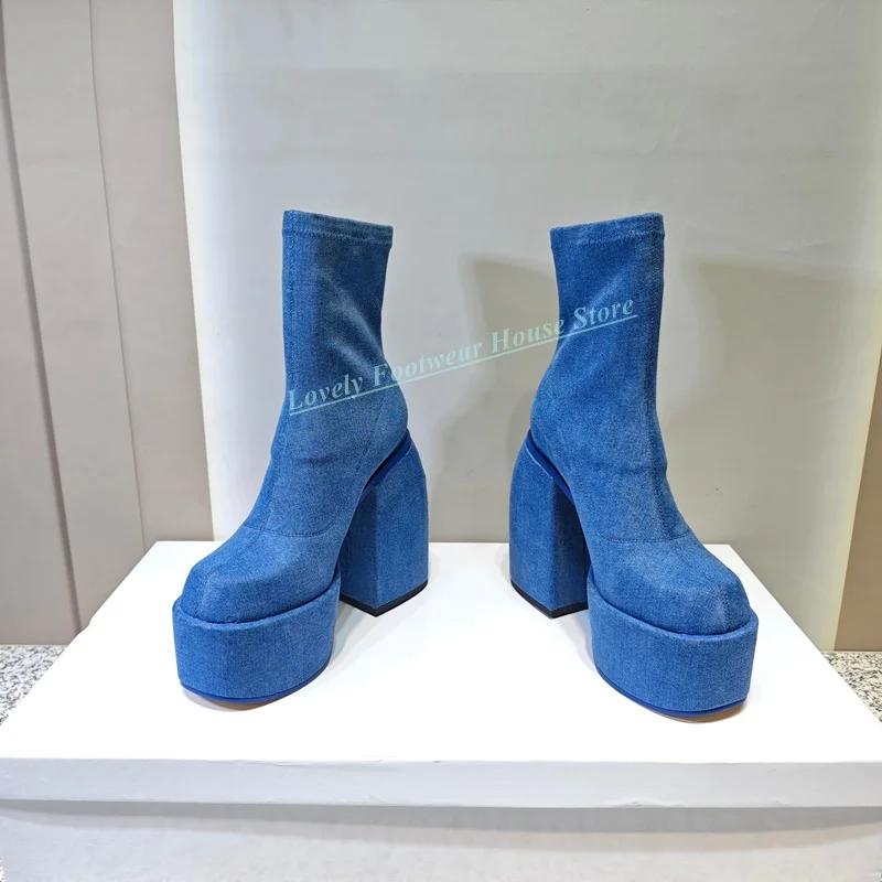 Breathable Blue Denim Stretch Woman Ankle Boots Square High Heel With Platform Female Slip On Round Toe High Top Boots Shoes