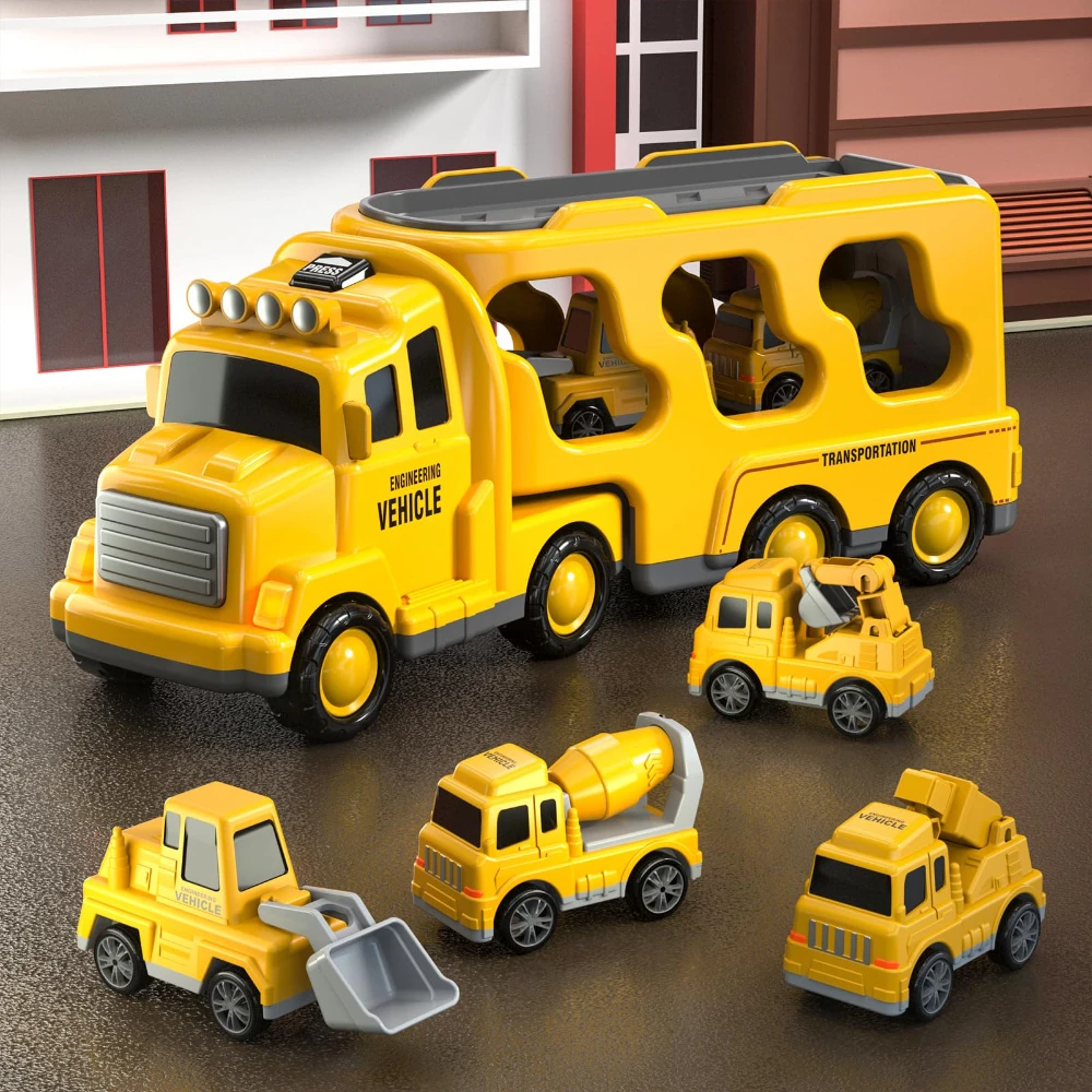 WizKidz 5 In 1 Construction Trucks Cars Toys For Toddlers 3-5 With Light Sound Birthday Gifts For Ages 3 + Year Old Boys & Girls