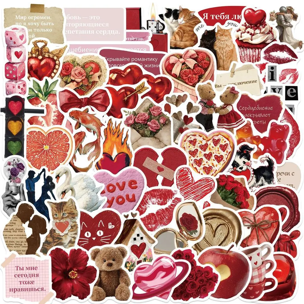 60Sheets Retro Russian Cartoon Heart Waterproof Vinyl Stickers Aesthetic Decals for Guitar DIY Decor LanLanStickersWorld Store