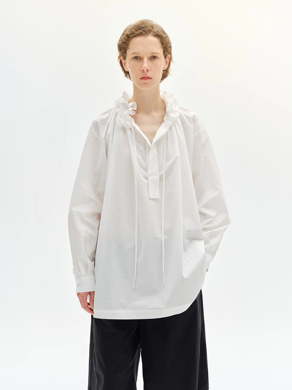 

REWEAR High Densi Sand Waed Long Sve irt Women's Detachable Collar Flounce Design Cotton Blend Busin Casual Sle