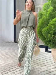 2024 Women's casual suit fashion sleeveless halter top zebra-print wide-leg pants two-piece set