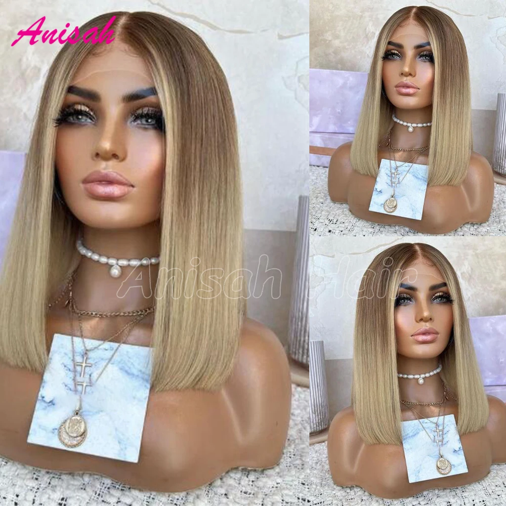 

Glueless HD Transparent Lace Frontal Wig Pre Plucked Ombre Blonde Bob Lace Front Wigs Brown Root Colored Short Human Hair Wigs