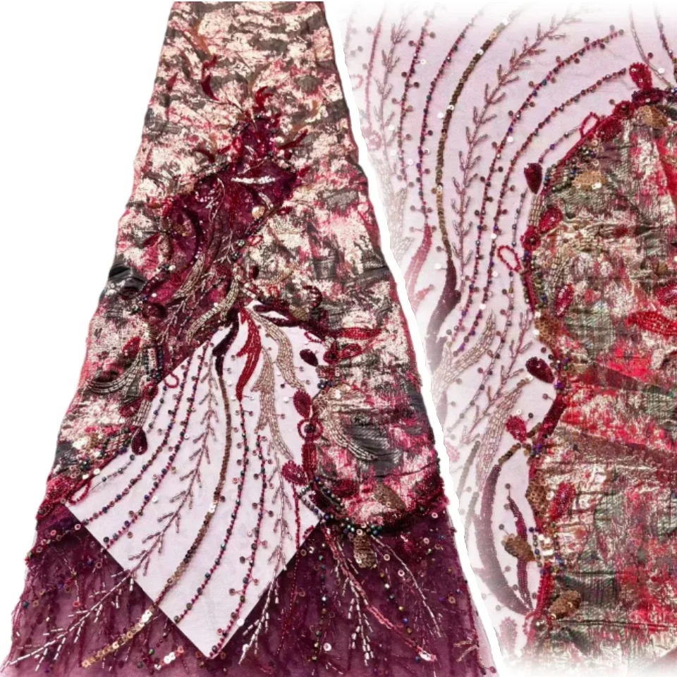 

Red African Sequins Beaded Lace Fabric High Quality Groom Wedding Bridal Embroidery French Tulle Dress Sewing 5 Yards 2032