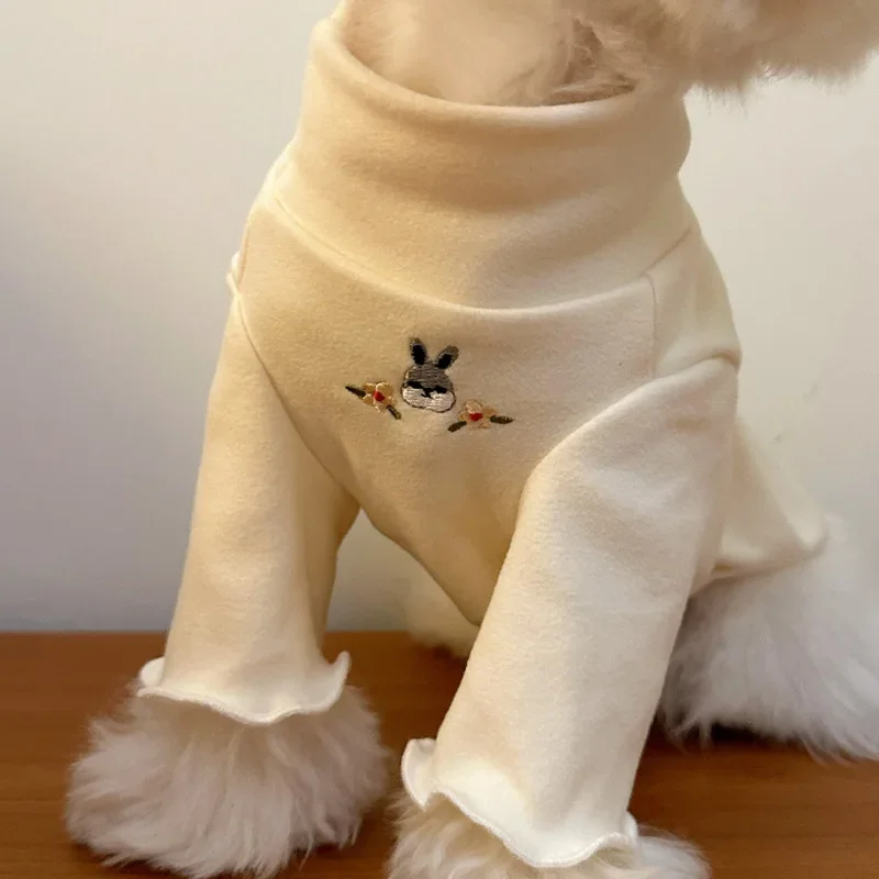 Autumn Winter Beige Embroidered High Neck Base Shirt for Dogs Small Medium-sized Dogs Cats Clothing Base Shirt for Home Wear