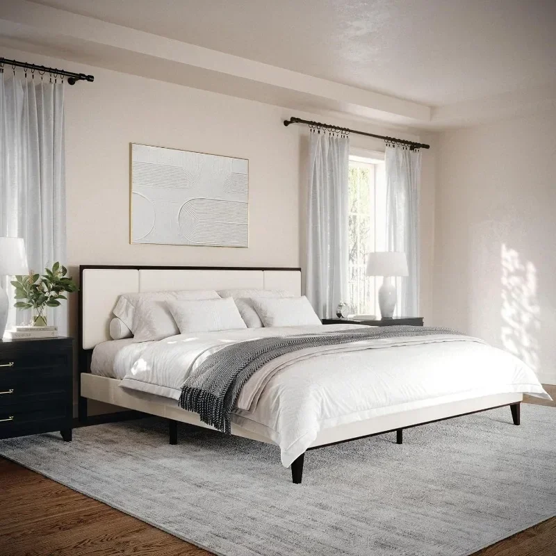 Platform Bed with Headboard, Fabric Upholstered Built-in Headboard and Base, Solid Wood Frame, No Box Spring Required