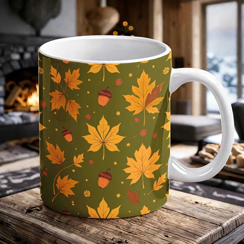 

11 oz maple leaf acorn ceramic mug with handle, full-pattern coffee cup, insulated milk cup, office water cup, fade-resistant