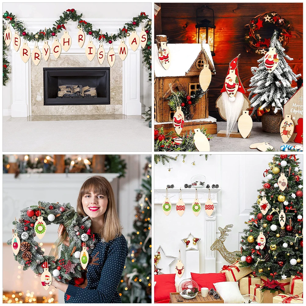 

50pcs Wooden Christmas Decorations Light Bulb Slices Diy Unfinished Craft Supplies Holiday Home Ornaments Xmas Wood Cutouts