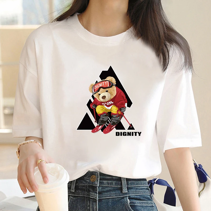 Design Skiing Bear Print Y2k T-shirt For Women's Summer Oversized Ladies Short Sleeved Tees Clothing Loose Pure Cotton Soft Tops