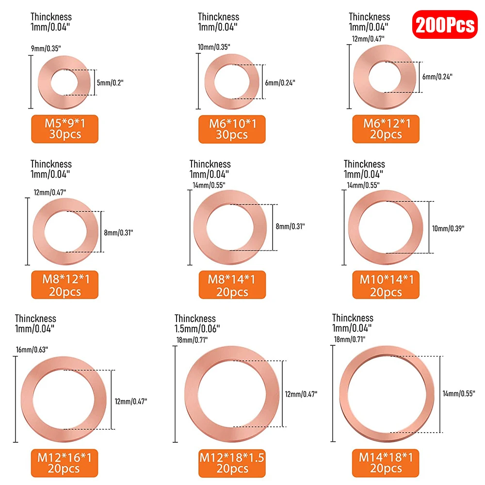 100-200 Pz Rondella di Rame Set Guarnizioni Piatto Rondella di Tenuta Anello di Tenuta Guarnizione di Tenuta Olio per Coppa Tappo di Scarico Olio Impianto idraulico automobilistico