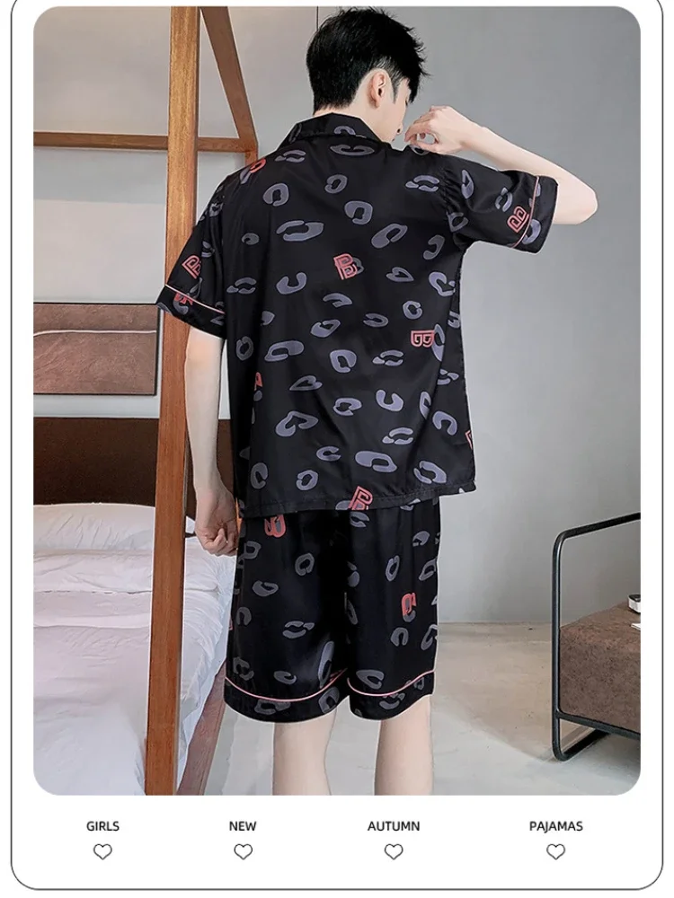 3XL Plus Size Satin Pajamas Men Summer Ice Silk Short-Sleeved Shorts Korean Student Homewear Two-Piece Set Cardigan Loungewear