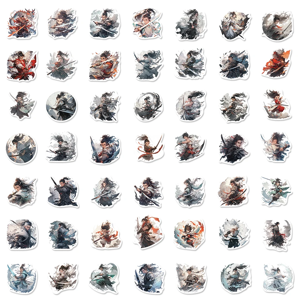 50PCS Antique Youth Swordsman Sticker Decoration DIY Laptop Refrigerator Computer Phone Graffiti Waterproof Art Toy Sticker