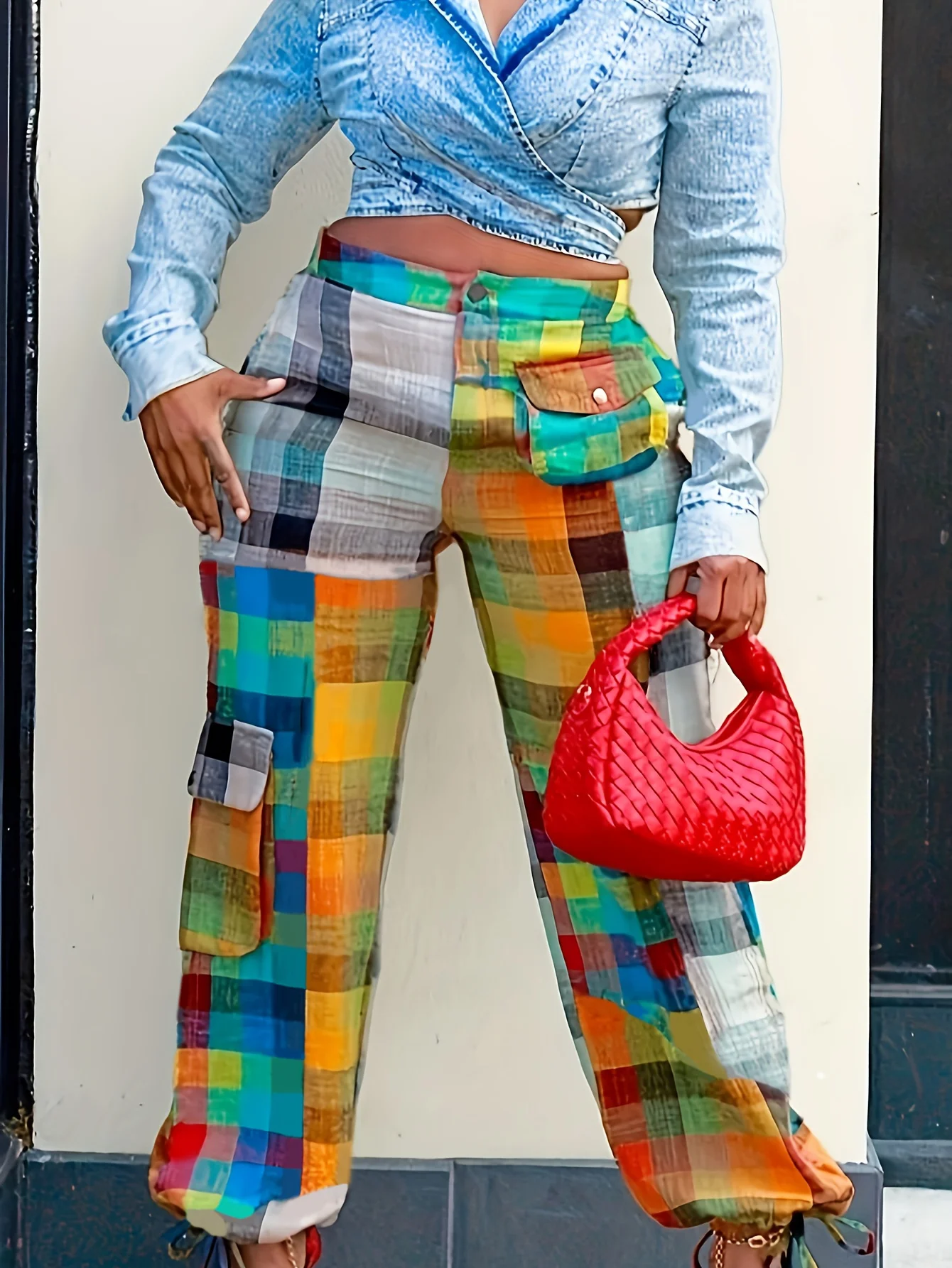 

Street Contrast Bandage Patchwork Pockets Button Zipper Loose High Waist Wide Leg Patchwork Pants
