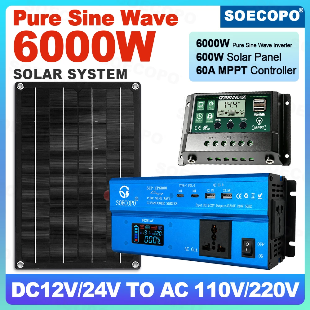Emergency Backup 6000W Solar System Pure Sine Inverter 600W Panel 60A MPPT Controller USB Fast Charge DC12V/24V AC110V/220V Home