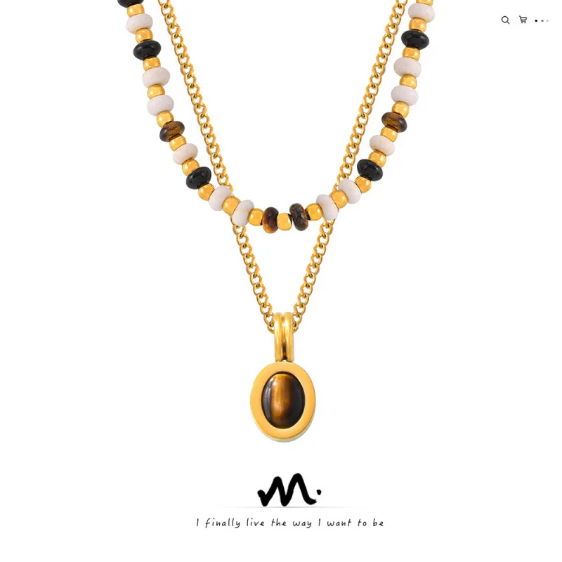 

【Mirrordust】Ожерелье в стиле мелководства из натурального камня с дизайном из бисера, кулон с камнем «Тигровый глаз», 2-слойная цепочка на ключицу