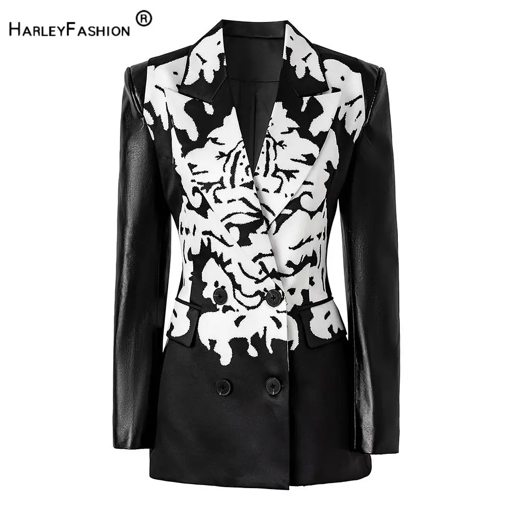 2025 New Designed Fashion Pu Patchwork Floral Office Wear Slim Blazer For Women Ladies