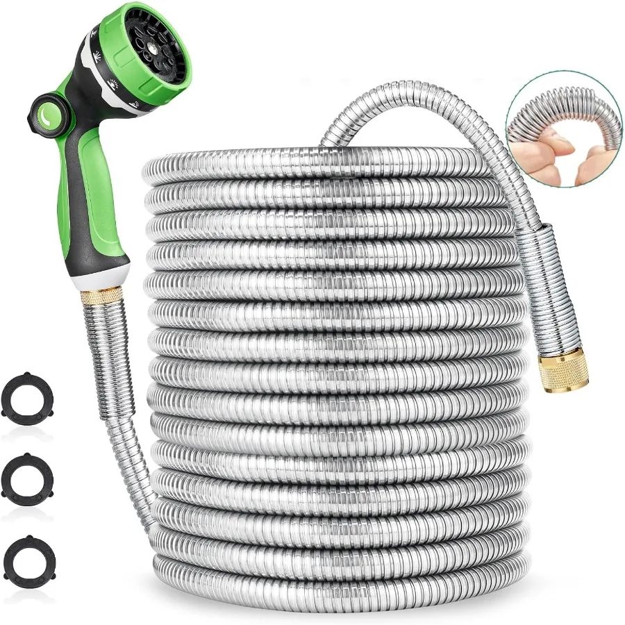 

100 ft Leak-proof Stainless Steel Metal Garden Hose Set with SUS304 Spring Protective Sleeve Anticorrosive 3/4 Brass Fittings