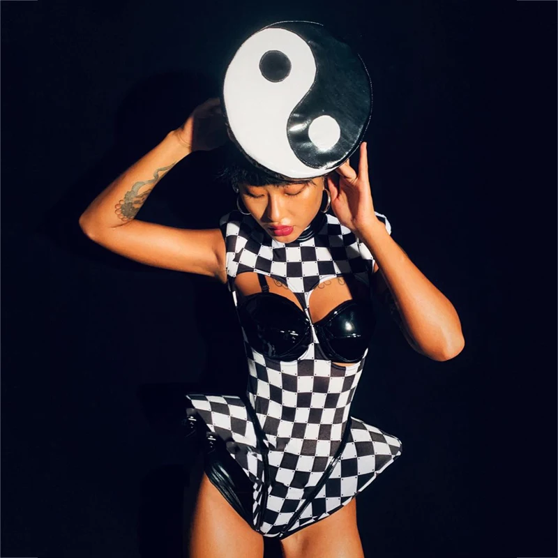 Women Black And White Plaid Cutout Bodysuit Women Nightclub Gogo Costume Stage Pole Performance Clothing Festival Outfit