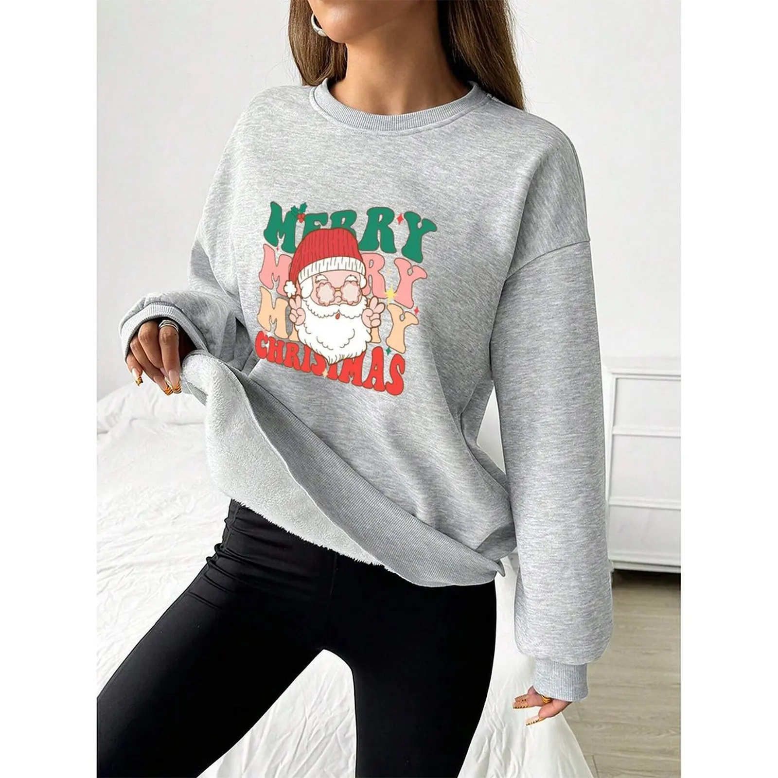 

2025 модная женская бархатная зимняя повседневная удобная толстовка с круглым вырезом и длинными рукавами с принтом Санта-Клауса, женская одежда