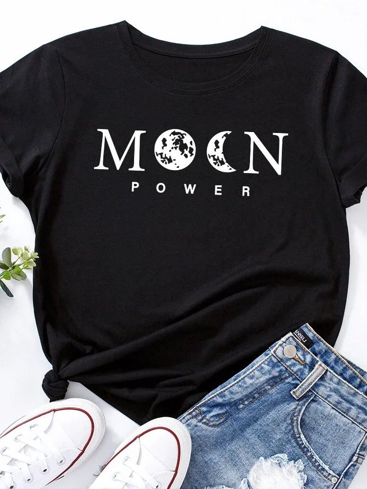 Moon Power Print T Shirt Women Short Sleeve O Neck Loose Tshirt Summer Women Causal Tee Shirt Tops Camisetas Mujer