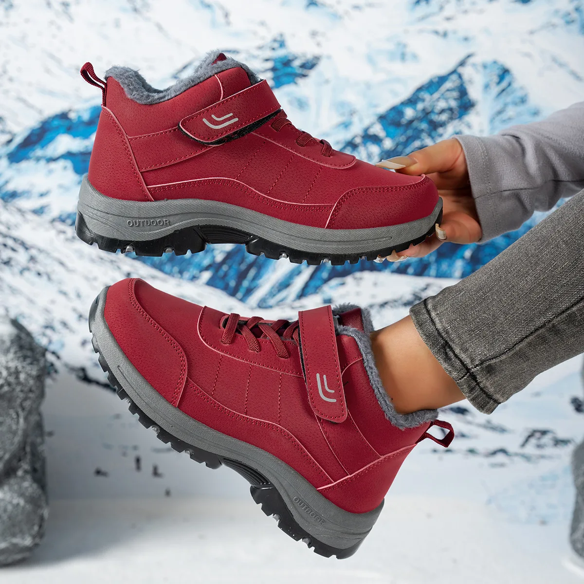 Damen-Knöchel-Winterstiefel aus PU, wasserabweisend, mit Plüschfutter, Klettverschluss, rutschfeste flache Sohle, warme Outdoor-Freizeitstiefel. – Detail 4