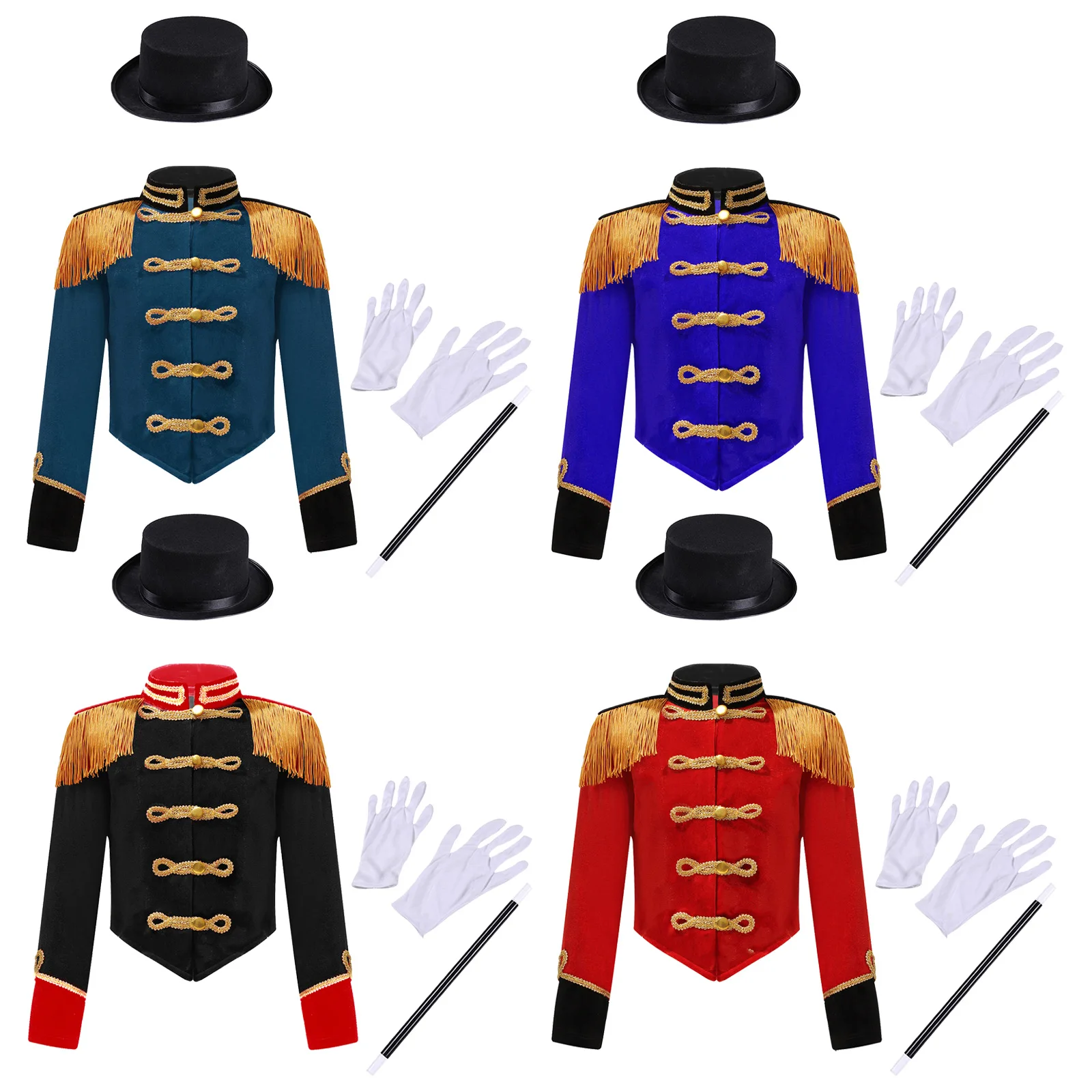 Kids Boys Circus Outfits Tassel Red Jacket Coat Ringmaster Costumes Magician Marching Band Uniform Halloween Party Cosplay Suits