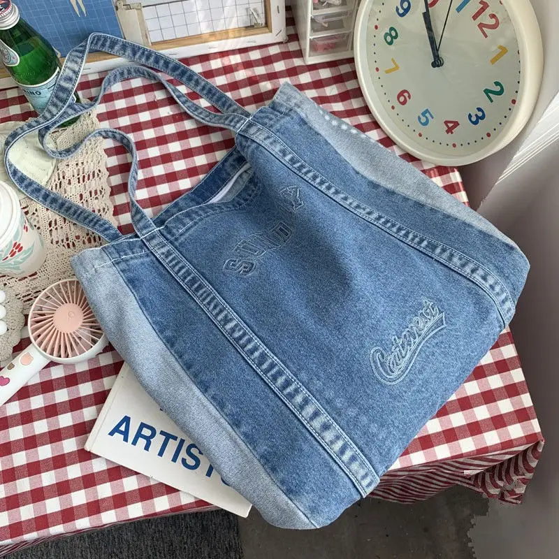 Women Letter Embroidery Jeans Bag Large Capacity Reusable Shopping Bag High Quality Casual Handbag Korean Harajuku Shoulder Bag