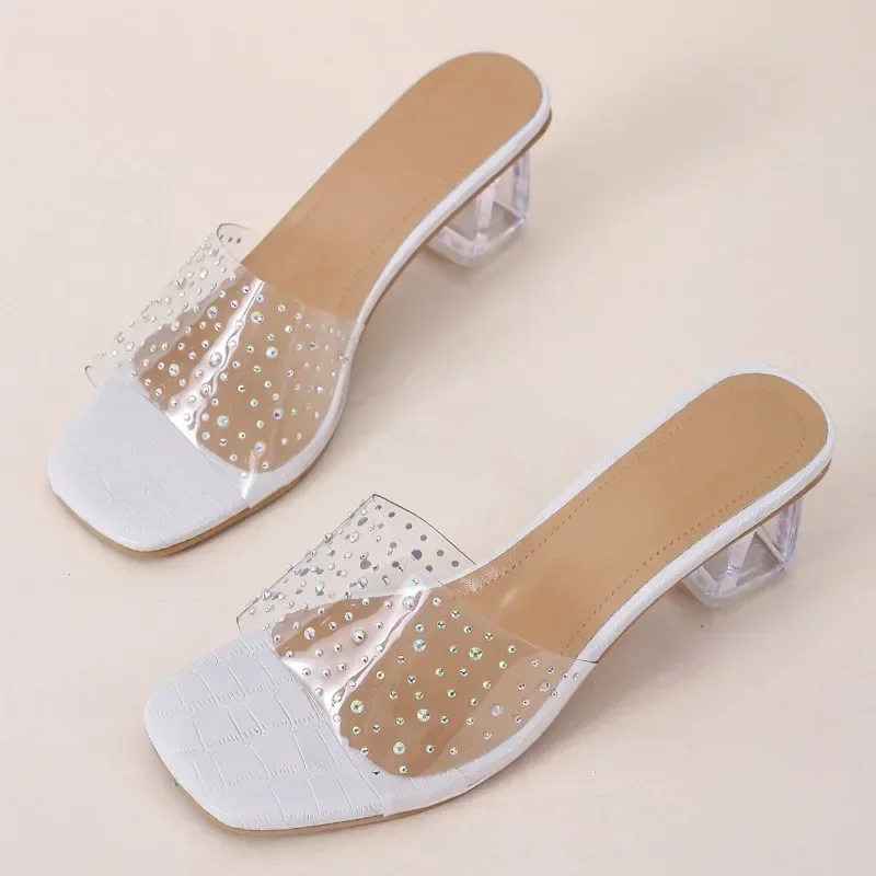 Women\'s High Heel Slippers 2023 Summer New Crystal Heel Hot Diamond Outwear Fashion Straight Line