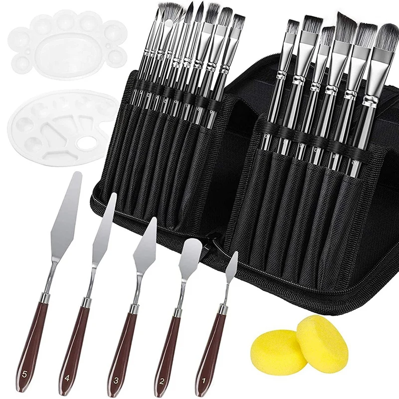 

Art Paint Brush Kit, Painting Brush With Palette Knife/Sponges And Paint Trays For Acrylic Paint