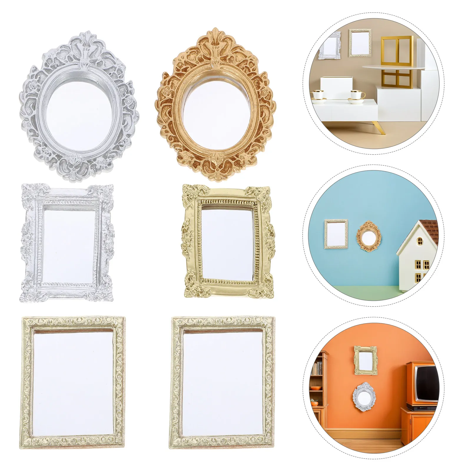 

6Pcs Miniature Vintage Wall Mirrors for Dollhouse Decor Ornate Resin Frame Classical European Style Bedroom Bathroom Living Room