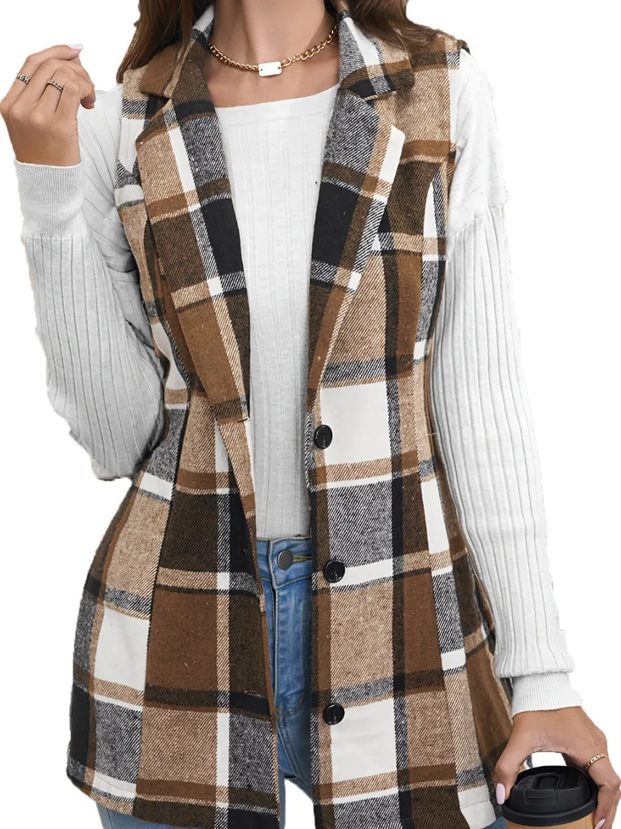 Lässige karierte Knopf-Revers-Weste für Damen, Sommer 2025, Faion, lässige karierte IRT-Weste für Damen, bequem, atmungsaktiv, andere Matten...