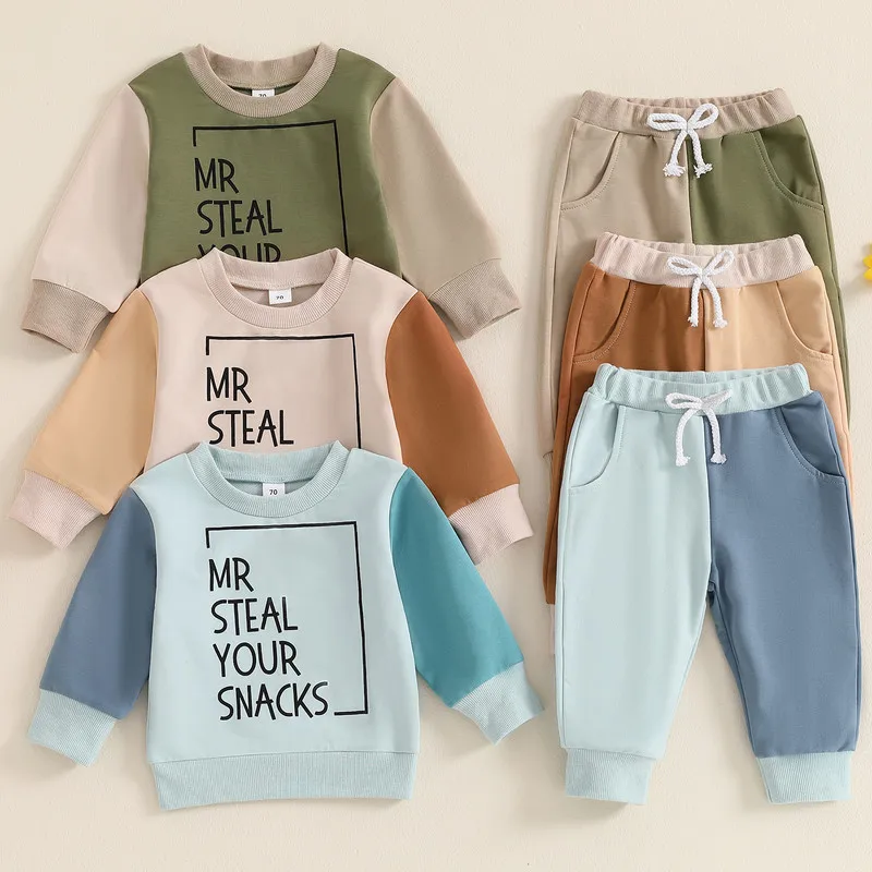 RUEWEY Toddler Boys Pant Sets Spring Autumn Clothes Letter Contrast Color Long Sleeve Sweatshirts and Long Pants Baby Clothing