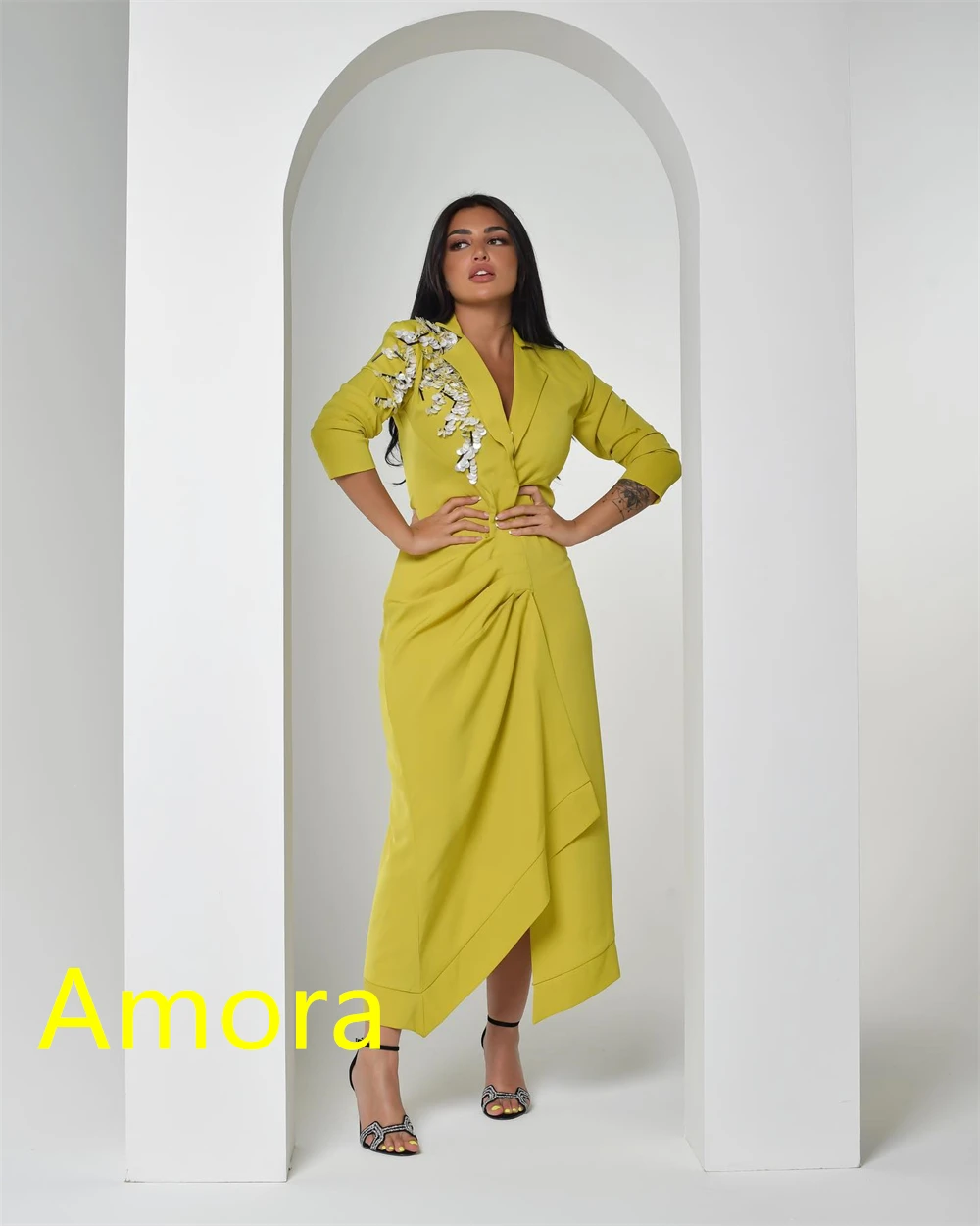 Customized Exquisite Yellow Jersey Evening Dress Formal V-Neck Short Sleeves Mermaid Front Slit Crystal Bespoke Occasion Gowns