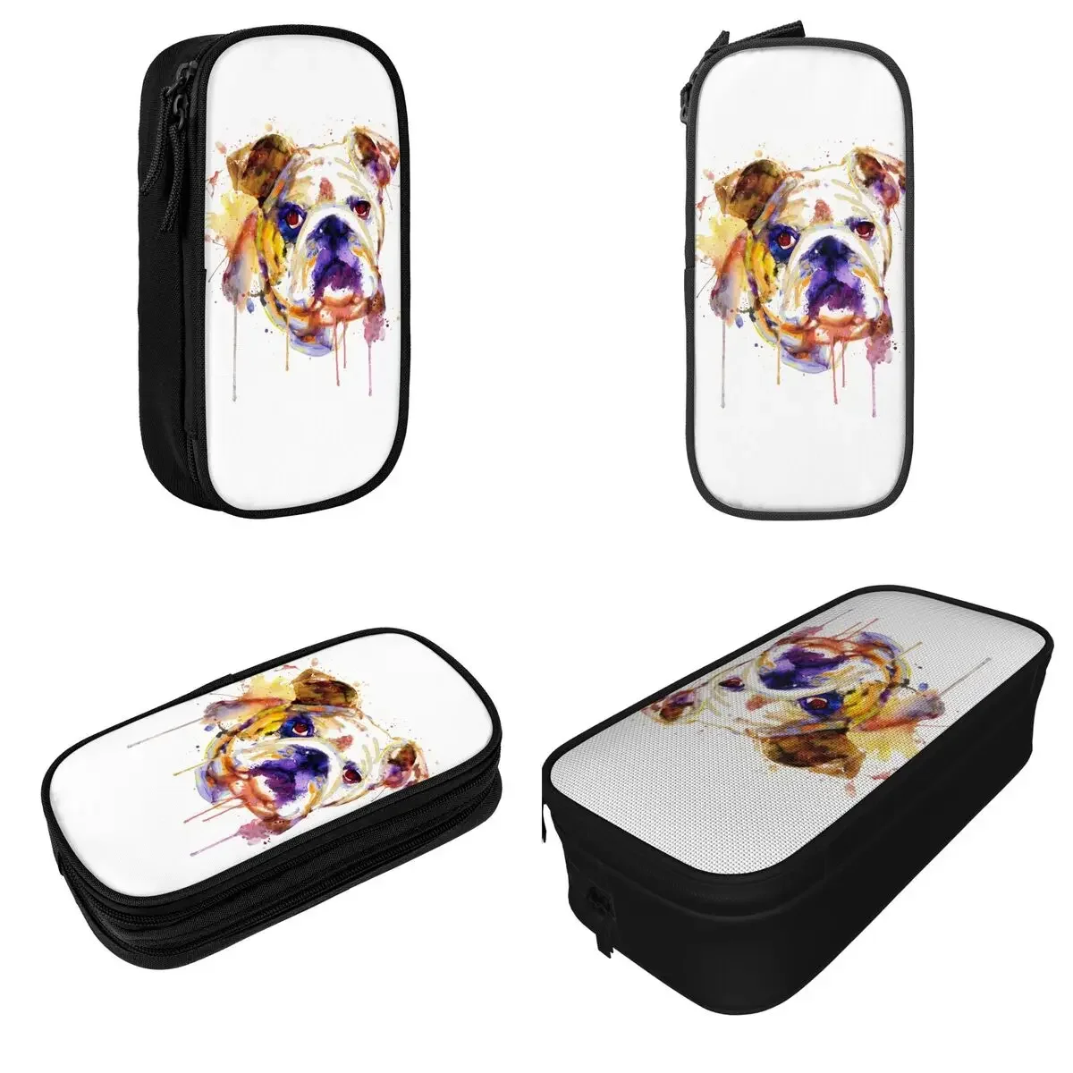 English Bulldog Head Watercolor Dog Pencil Cases Pencilcases Pen Box for Student Big Capacity Bag Office Zipper Stationery