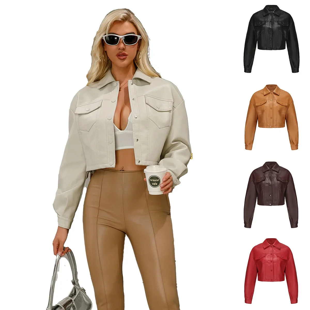 

2025 Women's New Spring Autumn Coats Female 2 Pocket Lapel Single Breasted Jacket Pure Color Short Women's Leather Jacket 2025