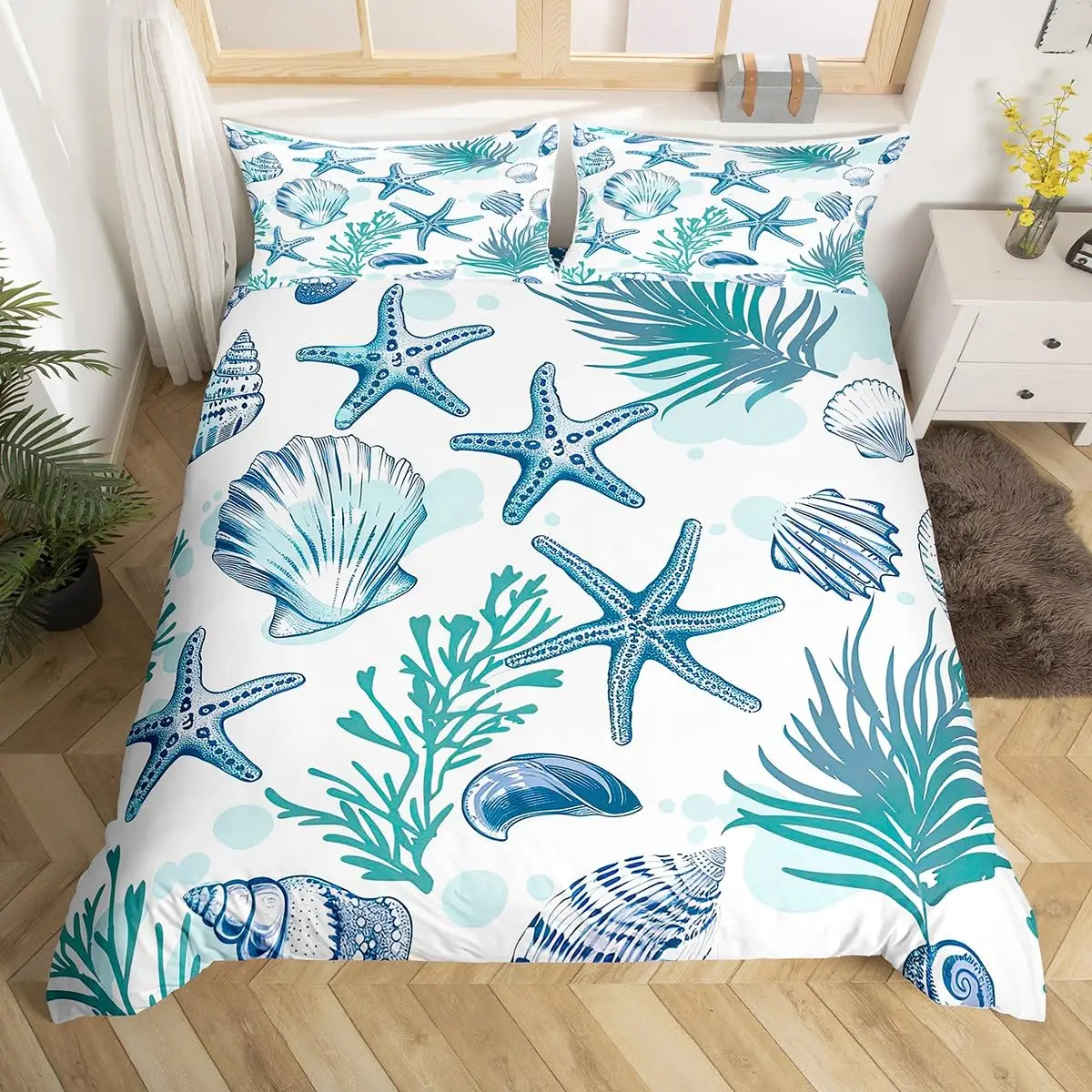 

Coastal Duvet Cover Set Twin Queen Nautical Beach Bedding Set for Young Child Cartoon Starfish Seaweed Seashell Comforter Cover