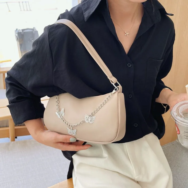 Fashion Women Butterfly Chain Travel Shoulder Bags Female PU Leather Shopping Underarm Bags Pure Color Small Purses and Handbags