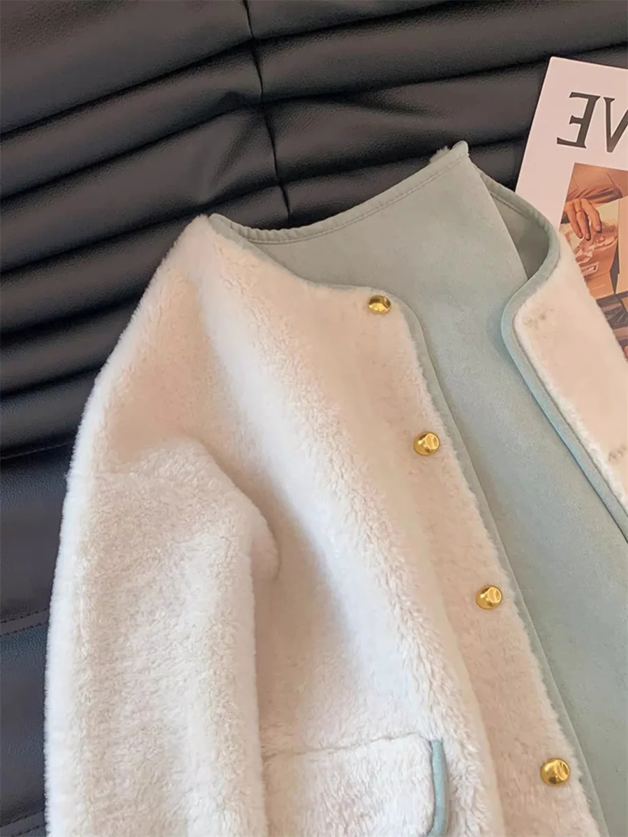 Lamb Fur Jacket Men Women Autumn Winter Fashion Splicing Lazy Match Cotton Insertion up Shirt Trendy round Neck Button Closure