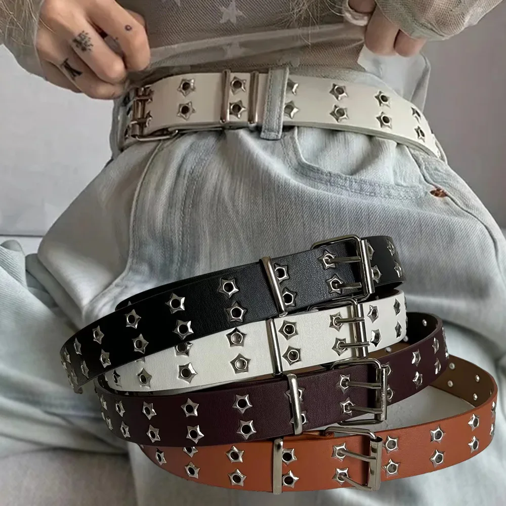 Y2k Stern Auge Niet Gürtel Punk Hohl Doppel Pin Schnalle Männer Frauen Mode Pu Leder Bund Jeans Rock Taille Strap Zubehör